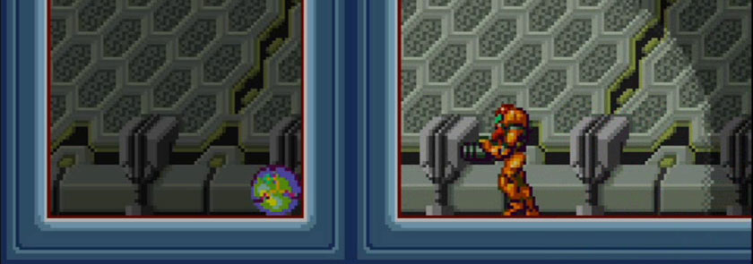 Samus hiding from the SA-X in Metroid Fusion